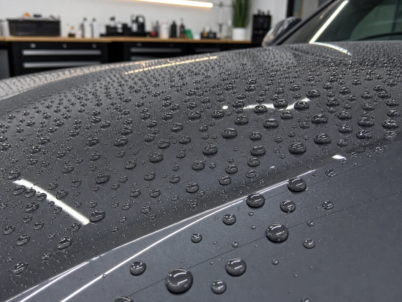 Close-up of tight water beading on a ceramic coated glossy car surface