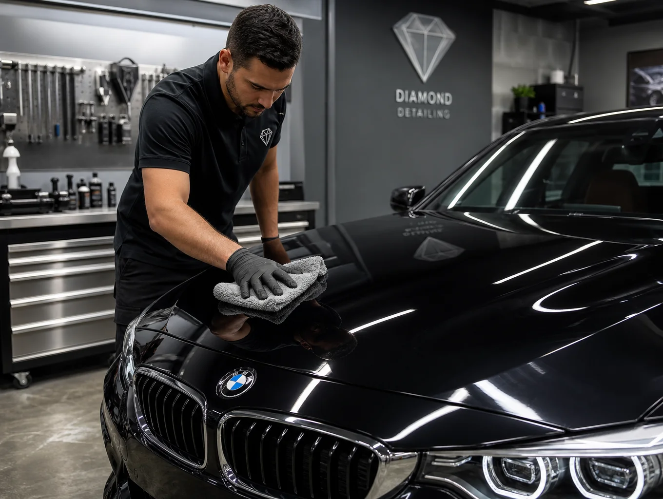 Precision automotive detailing technician performing machine paint correction in studio lighting