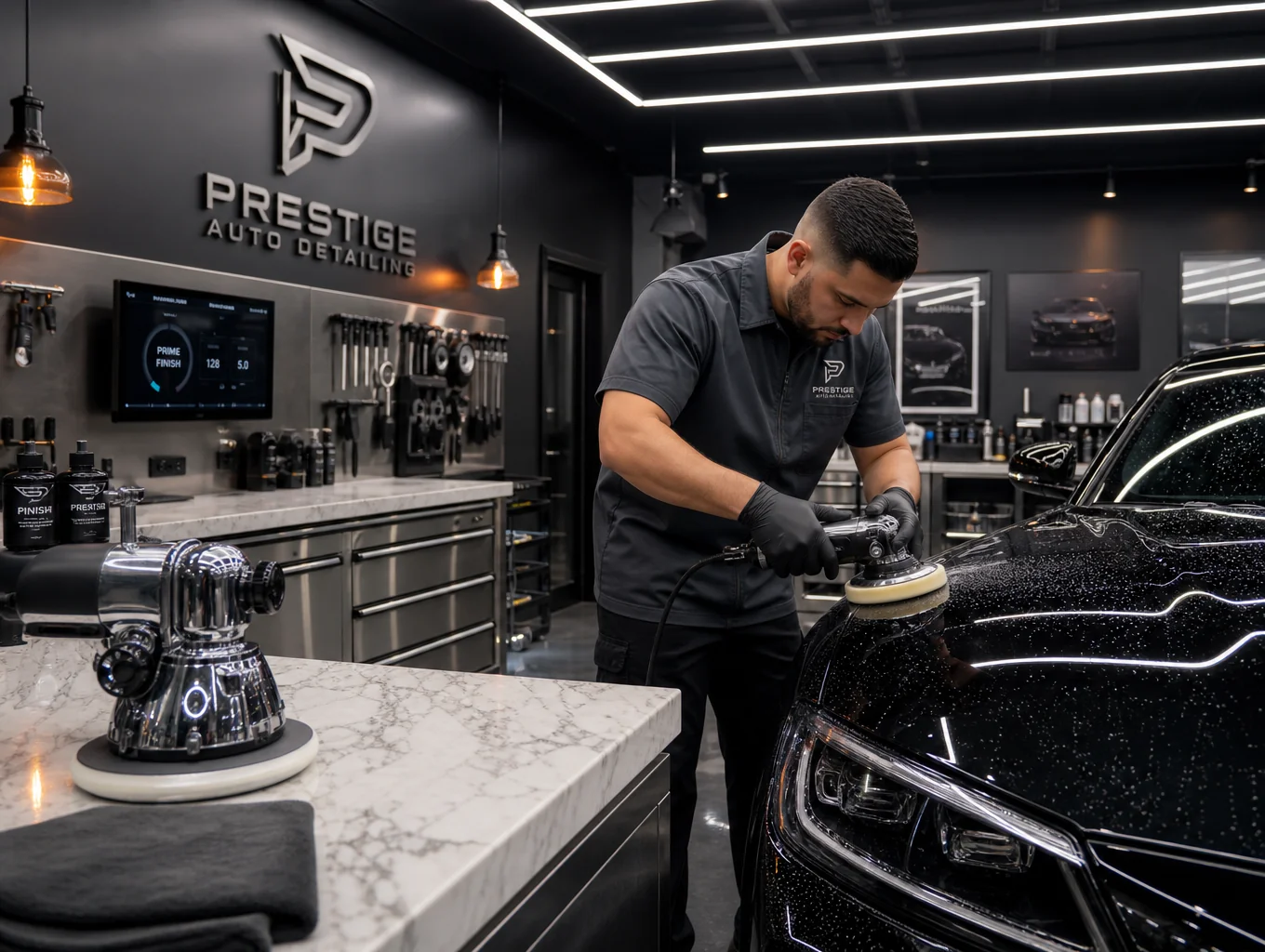 Technician performing precision dual-action machine paint correction under LED inspection lighting