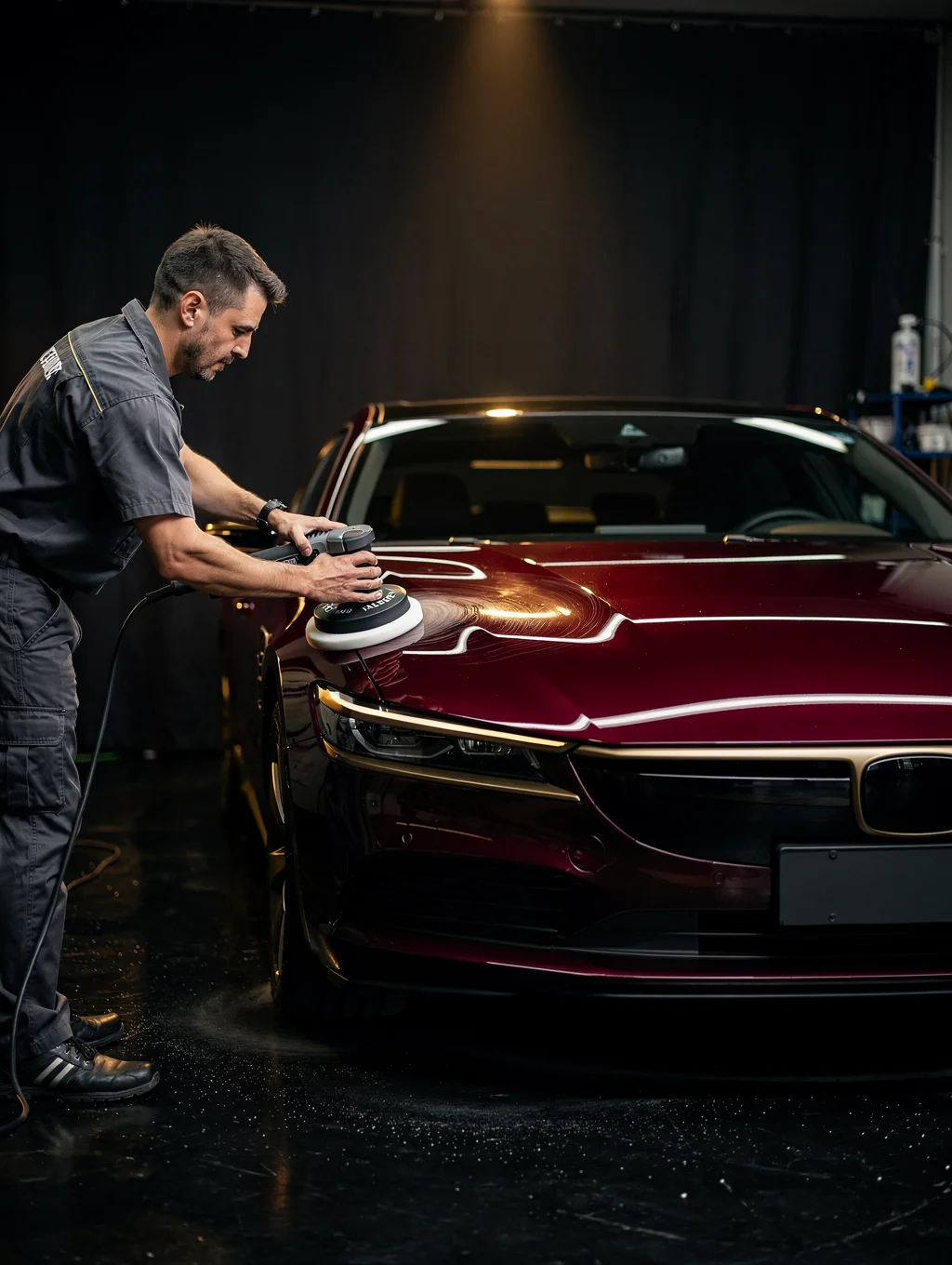 RoadVantage lead technician performing machine polishing in precision detailing bay