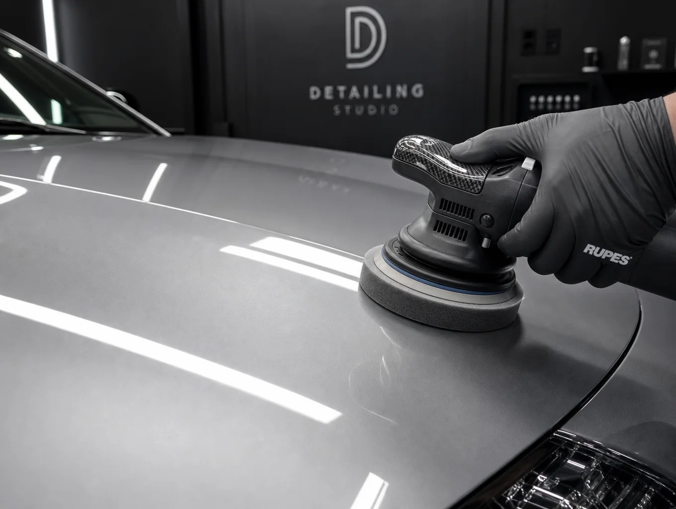 Precision dual-action machine polishing on clear coat in progress
