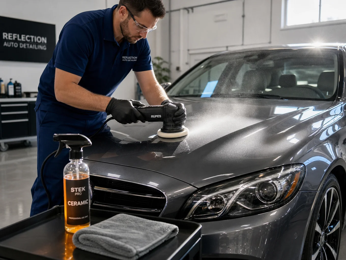 Precision dual-action machine polisher refining vehicle clear coat paint