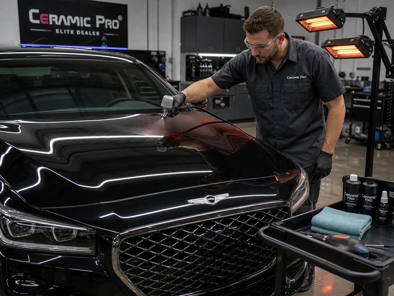 Lead technician performing precision dual-action machine polishing on dark automotive clear coat